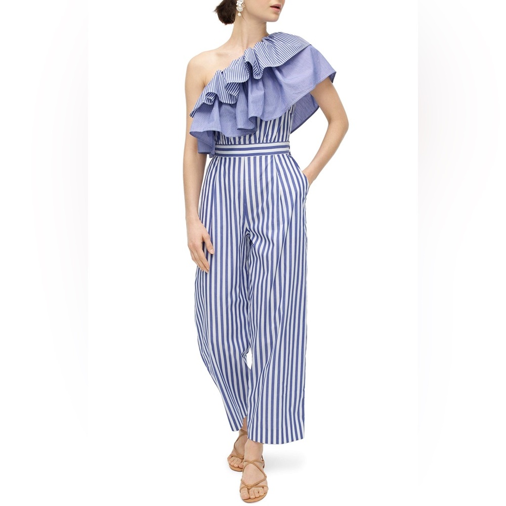 J.Crew One-shoulder ruffle jumpsuit in mixed stripe